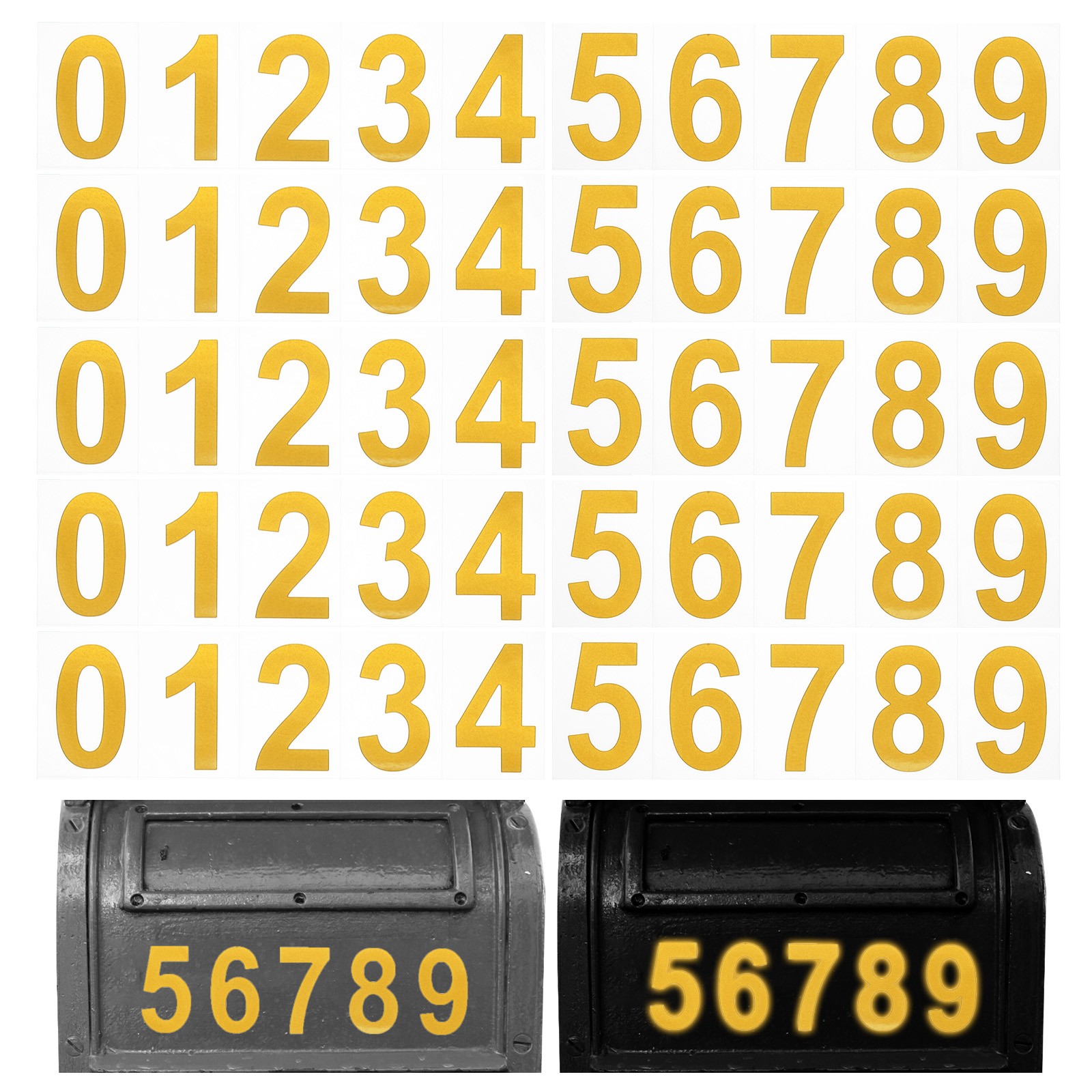 Reflective Mailbox Numbers, 5 Sets 2 Inch Waterproof Gold Tone Numbers Stickers
