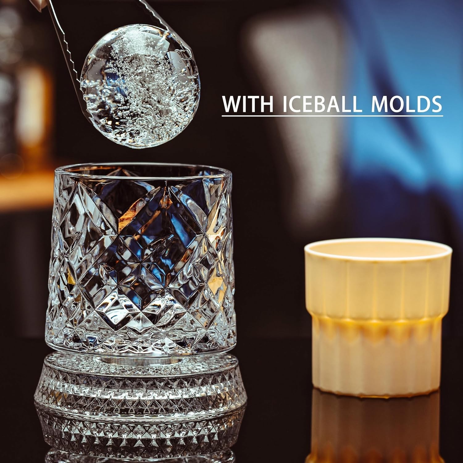 Spinning Whiskey Glasses Set of 4 with Iceball Molds, 9.5Oz Lead-Free Rotatable