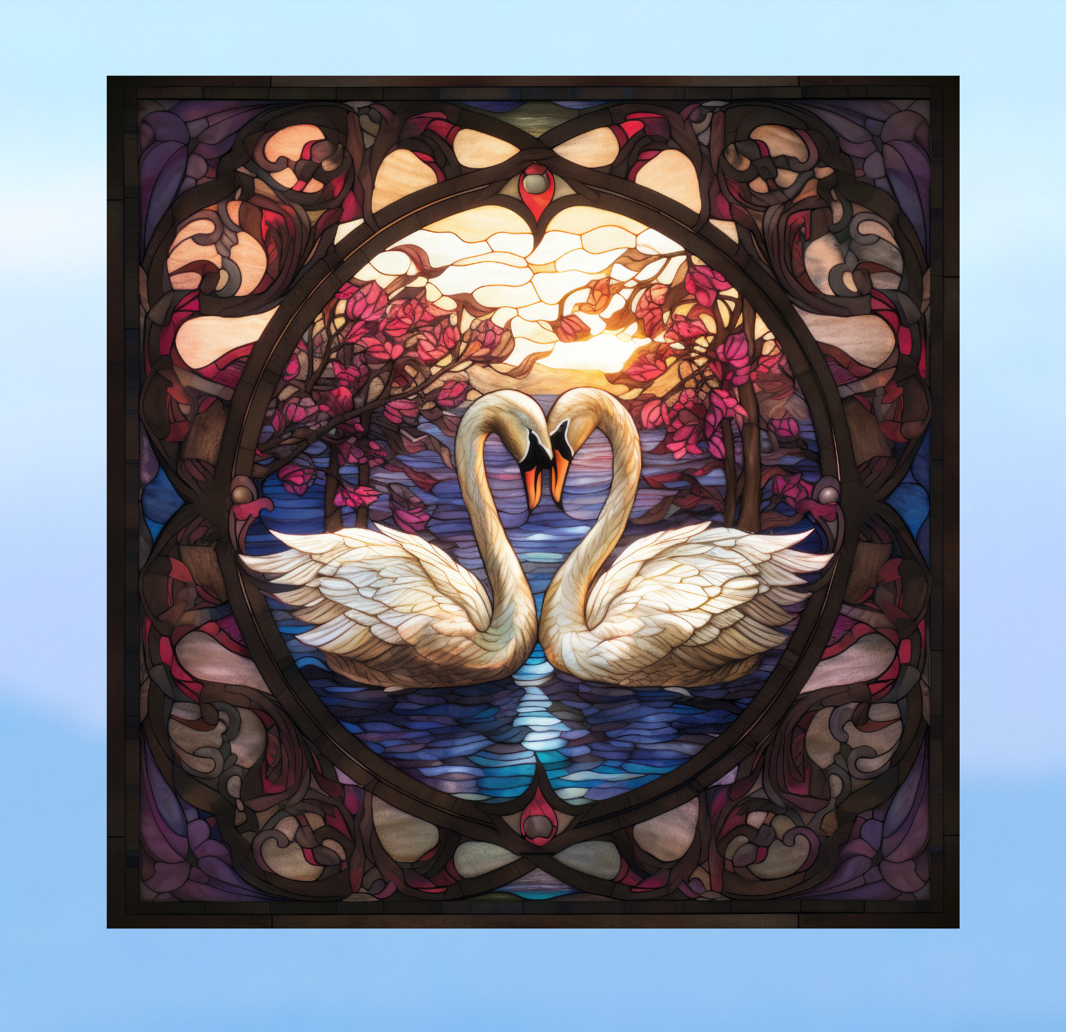 Swan Couple Faux Stained Glass WINDOW CLING Size 8" Square Vinyl