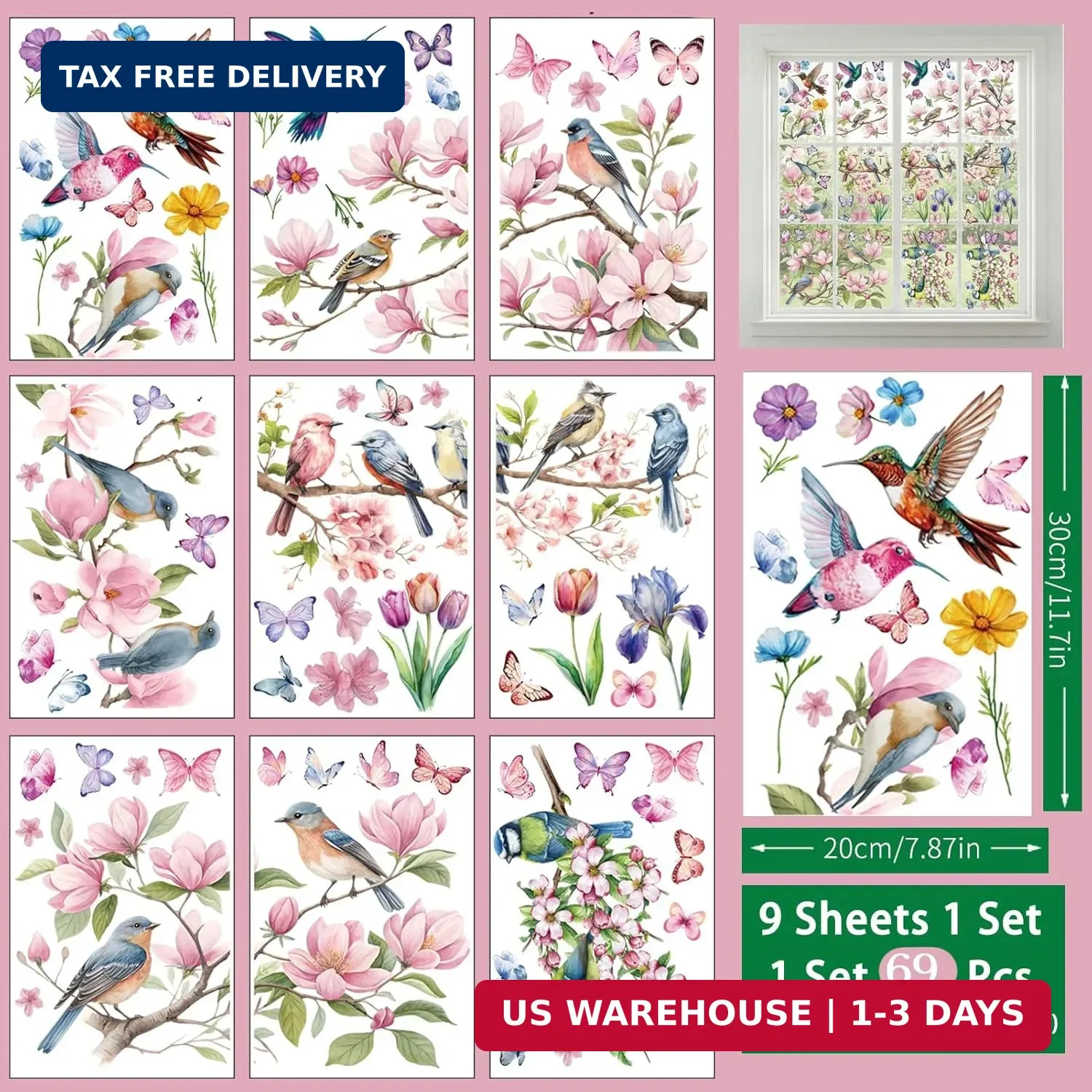 Spring Window Cling Sticker – 78PCS Tulip Butterfly Flower Hummingbirds Window D