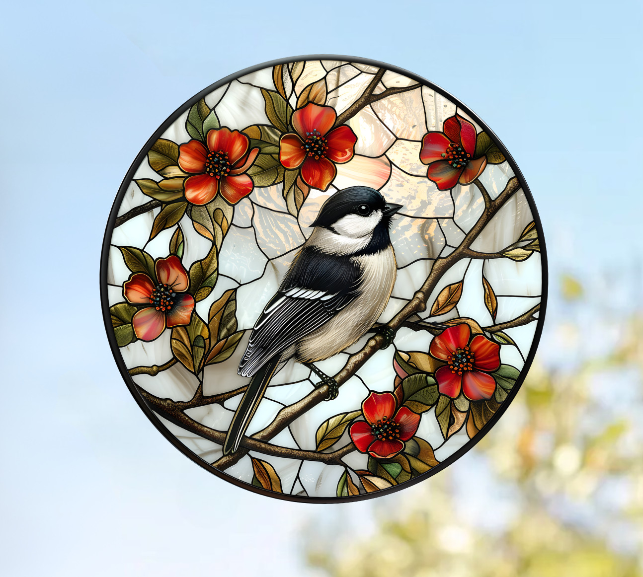Chickadee Bird on Branch WINDOW CLING Size 8" Round Repositionable Vinyl