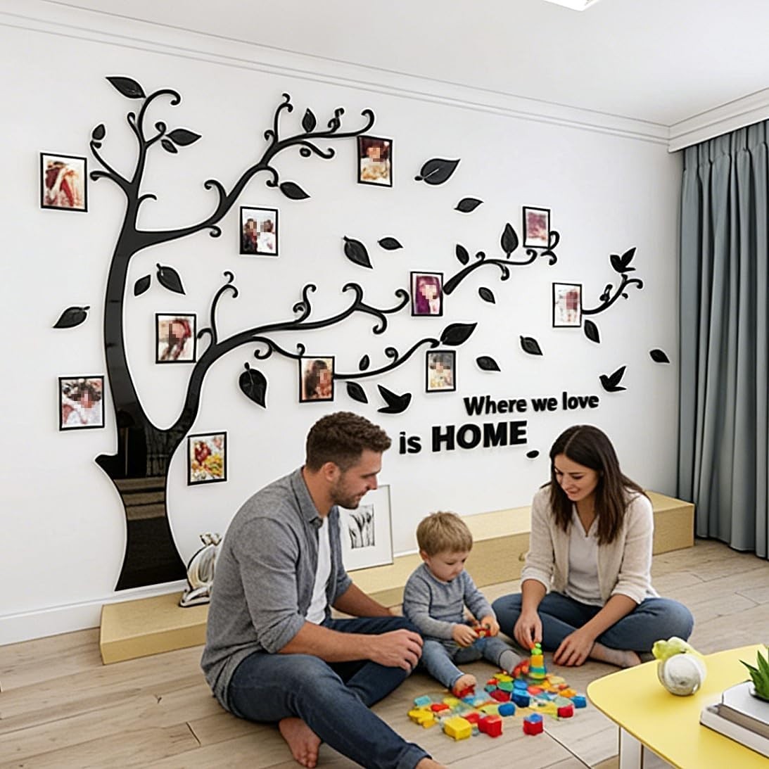 Elegant Black 3D Tree Wall Decals – Customizable Photo Frame Decor M:83x59in