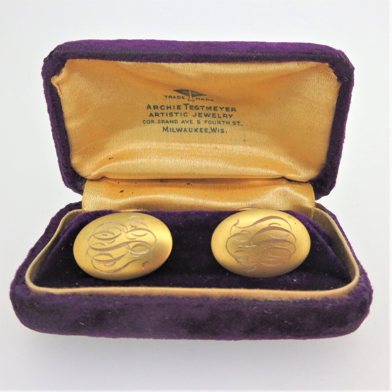 Vintage 10k Yellow Gold Cufflinks Engraved EBJ in Purple Velvet Box