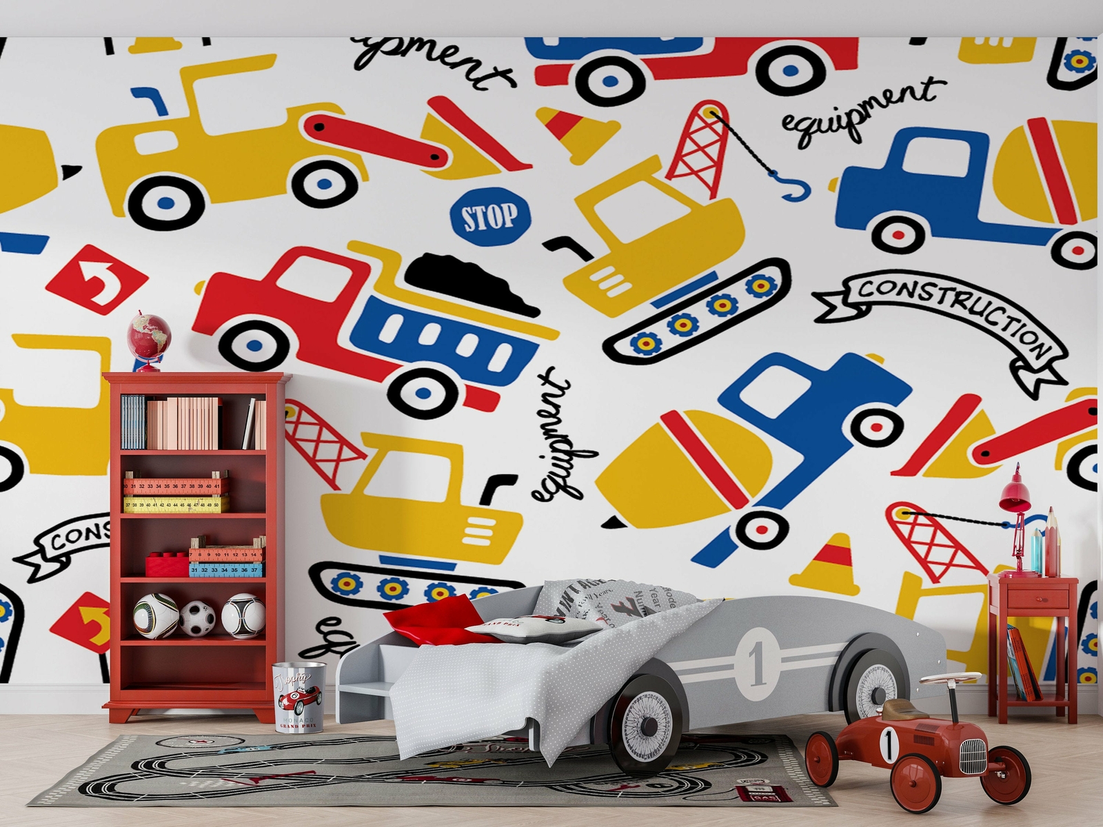 Cartoon Construction Vehicles Wallpaper – Large Wall Mural – Self-adhesive