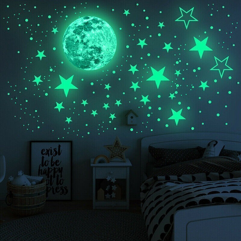 Luminous Blue Moon & Stars Wall Stickers Glow In The Dark Removable Decal Decor