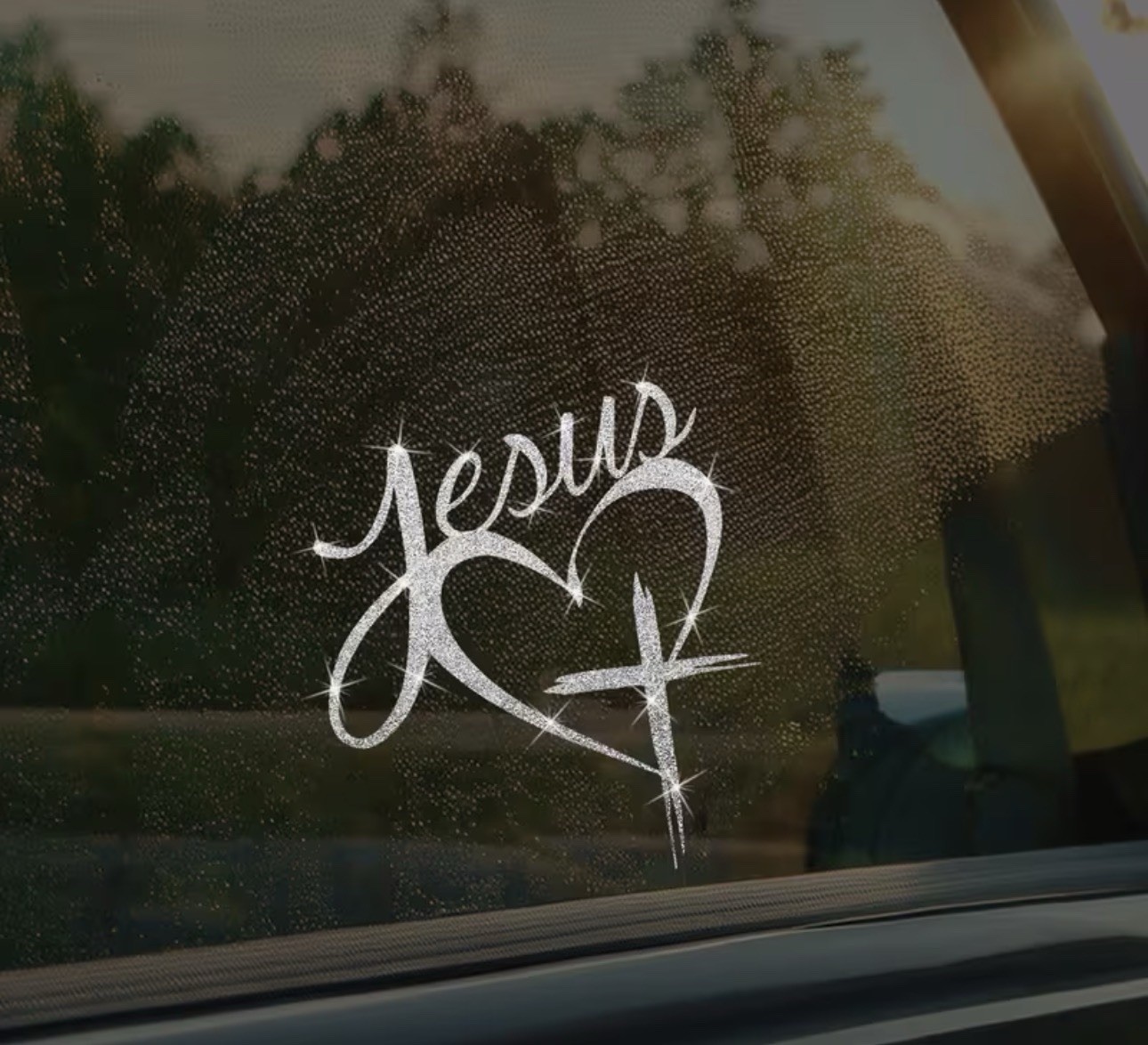 SILVER METALLIC GLITTER CROSS HEART 5.5” Jesus God Vinyl Sticker Decal Christian