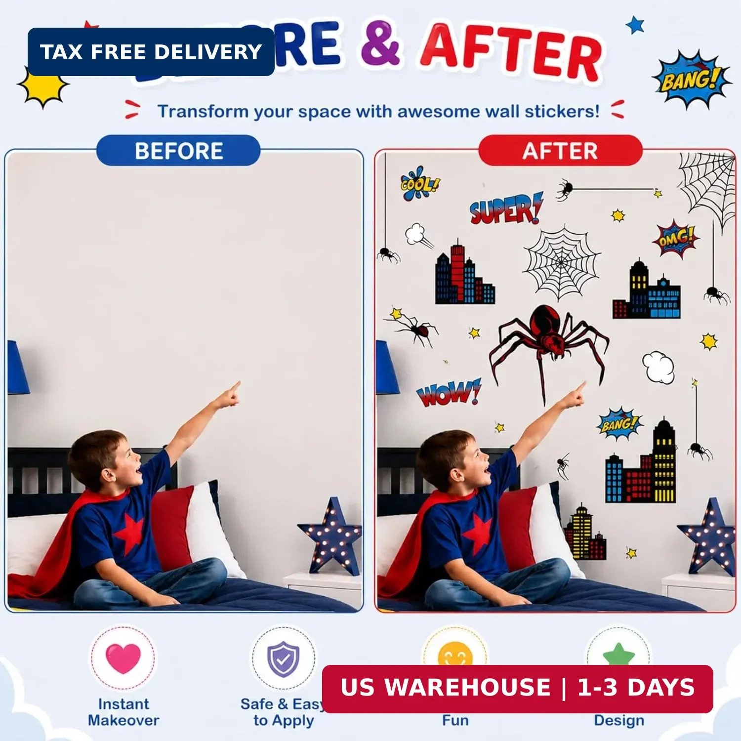 Superhero Wall Decor, Hero City Building Stars Stickers for Kids Boys, 70 Piece