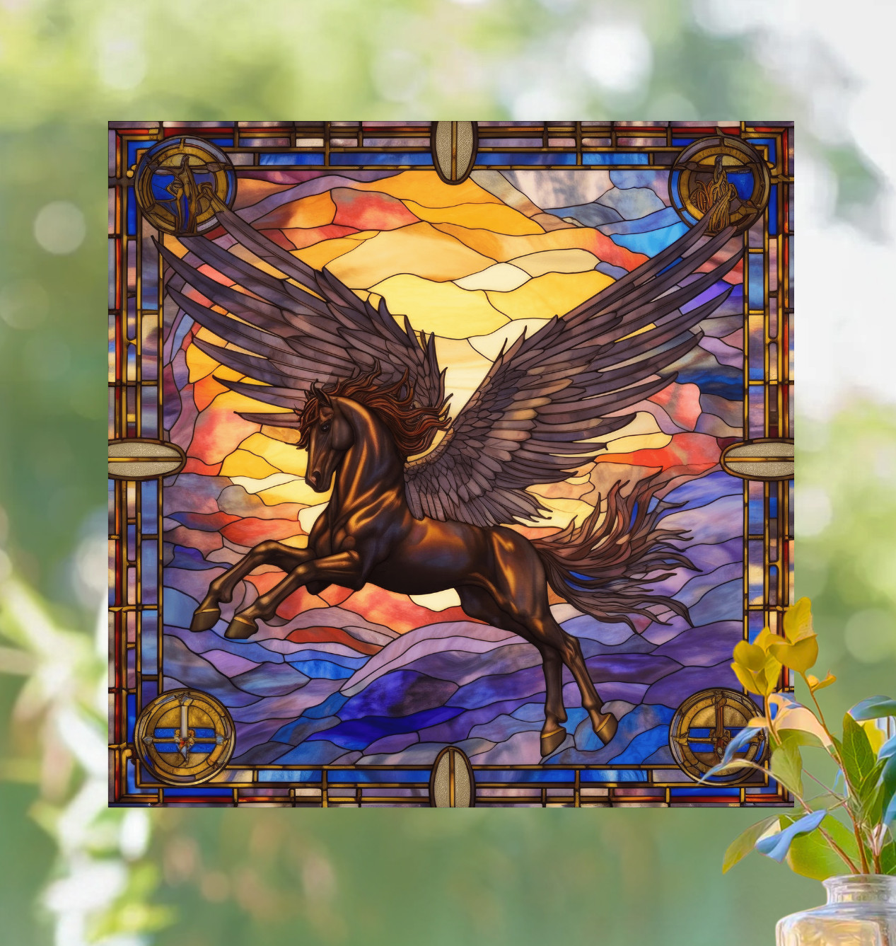 Pegasus Horse Faux Stained-Glass WINDOW CLING Size 8" Vinyl