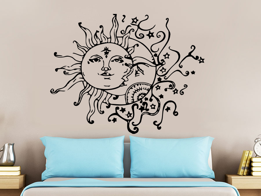Wall Decal Sun Moon Sunshine Stars Crescent Dual Ethnic Night Symbol Decal NS821