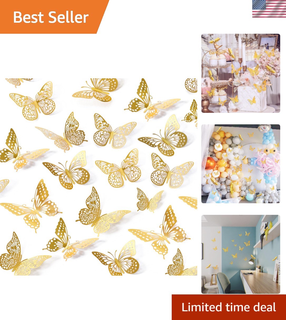48 Pcs Self-Adhesive Gold Butterfly Wall Stickers – Perfect for Celebrations