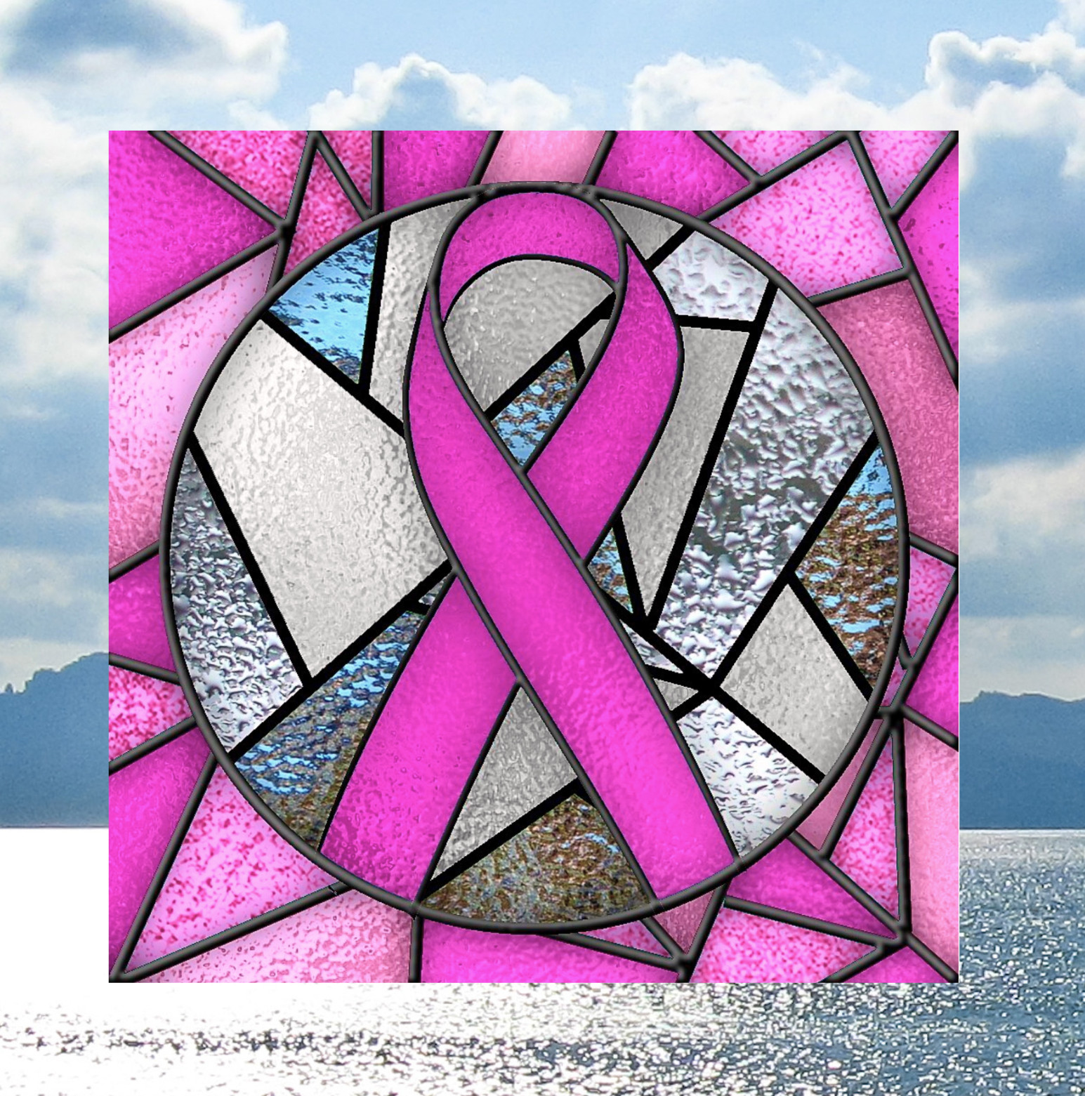 Breast Cancer Awareness Ribbon Faux Stained-Glass WINDOW CLING Size 8" Vinyl