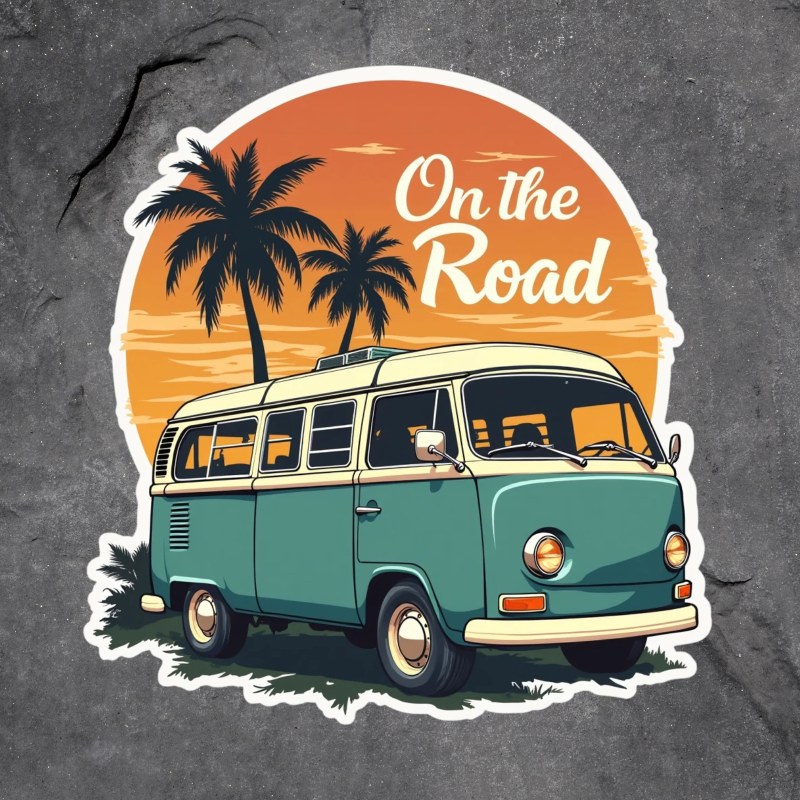 Camping sticker vinyl decal on the road retro van palm trees sunset adventure