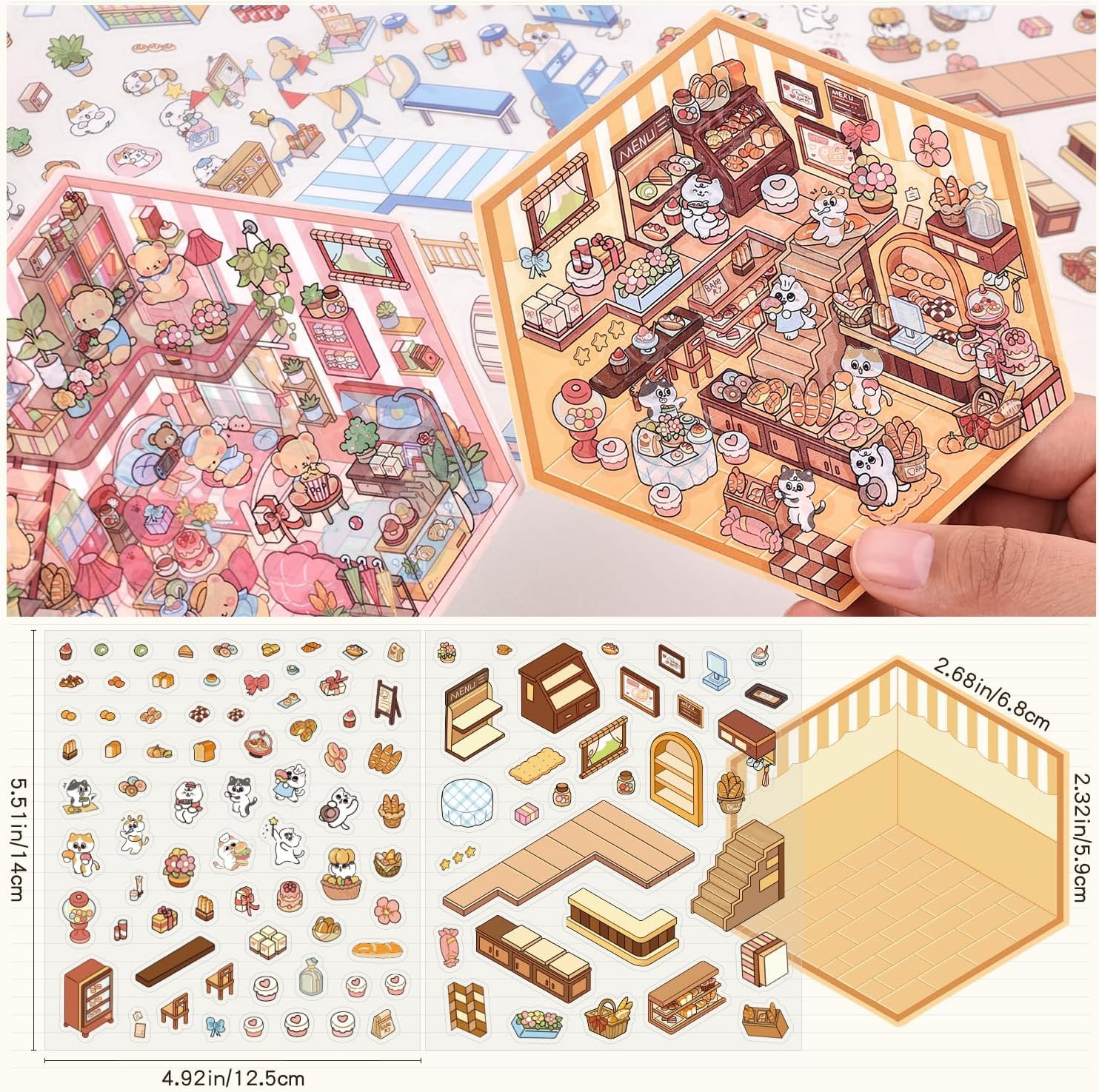DIY 3D House Scene Stickers – 4 Sets, Warm Home, Supermarket, Bakery, Flower Sho