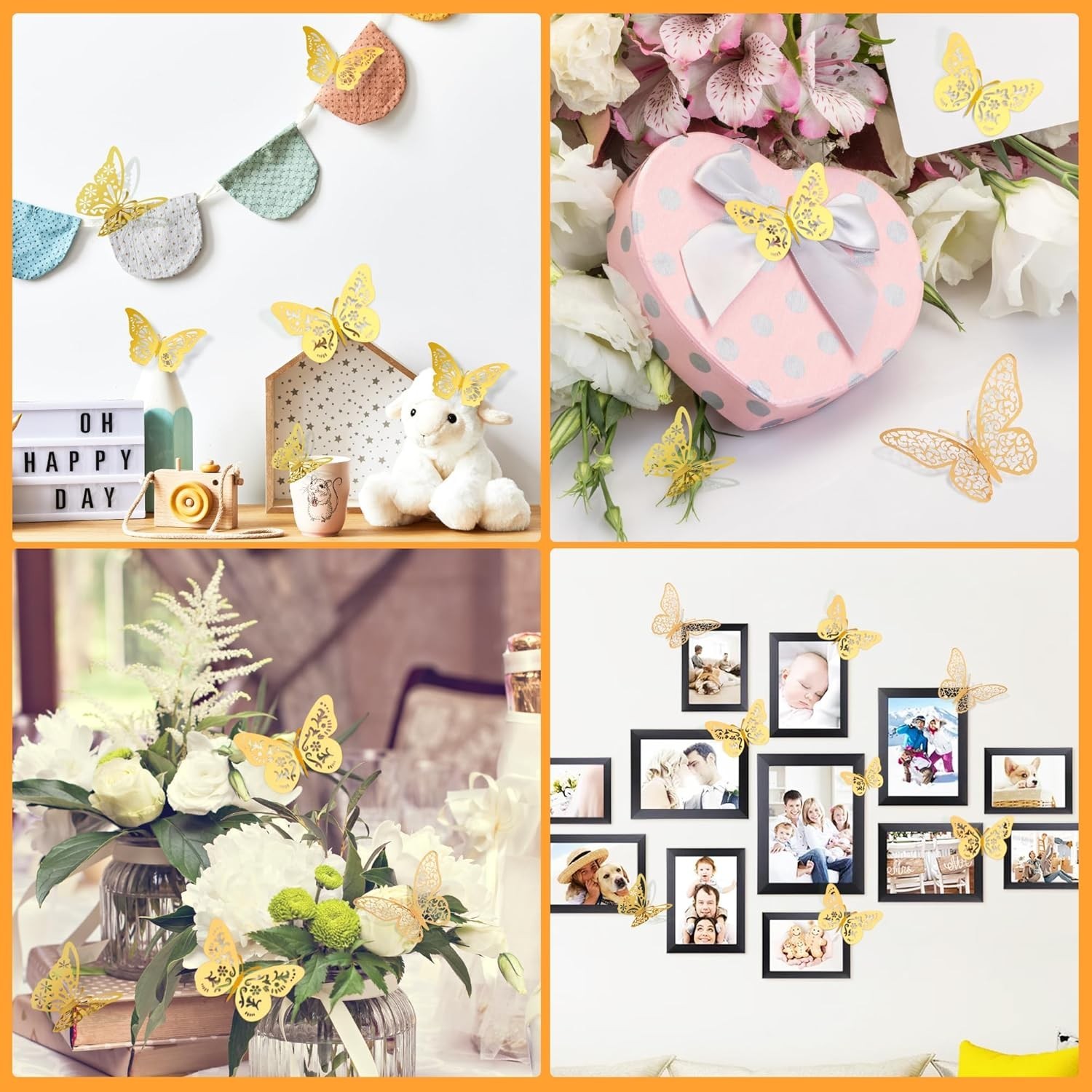 48 Pcs Gold 3D Butterfly Decorations, 4 Styles 3 Sizes, Butterfly Wall Decor,…