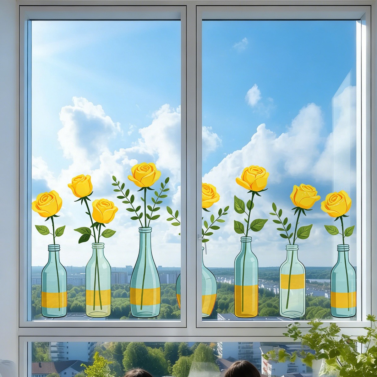 PVC Yellow Rose Window Cling 23.6×11.8in Double-Sided for Indoor Outdoor
