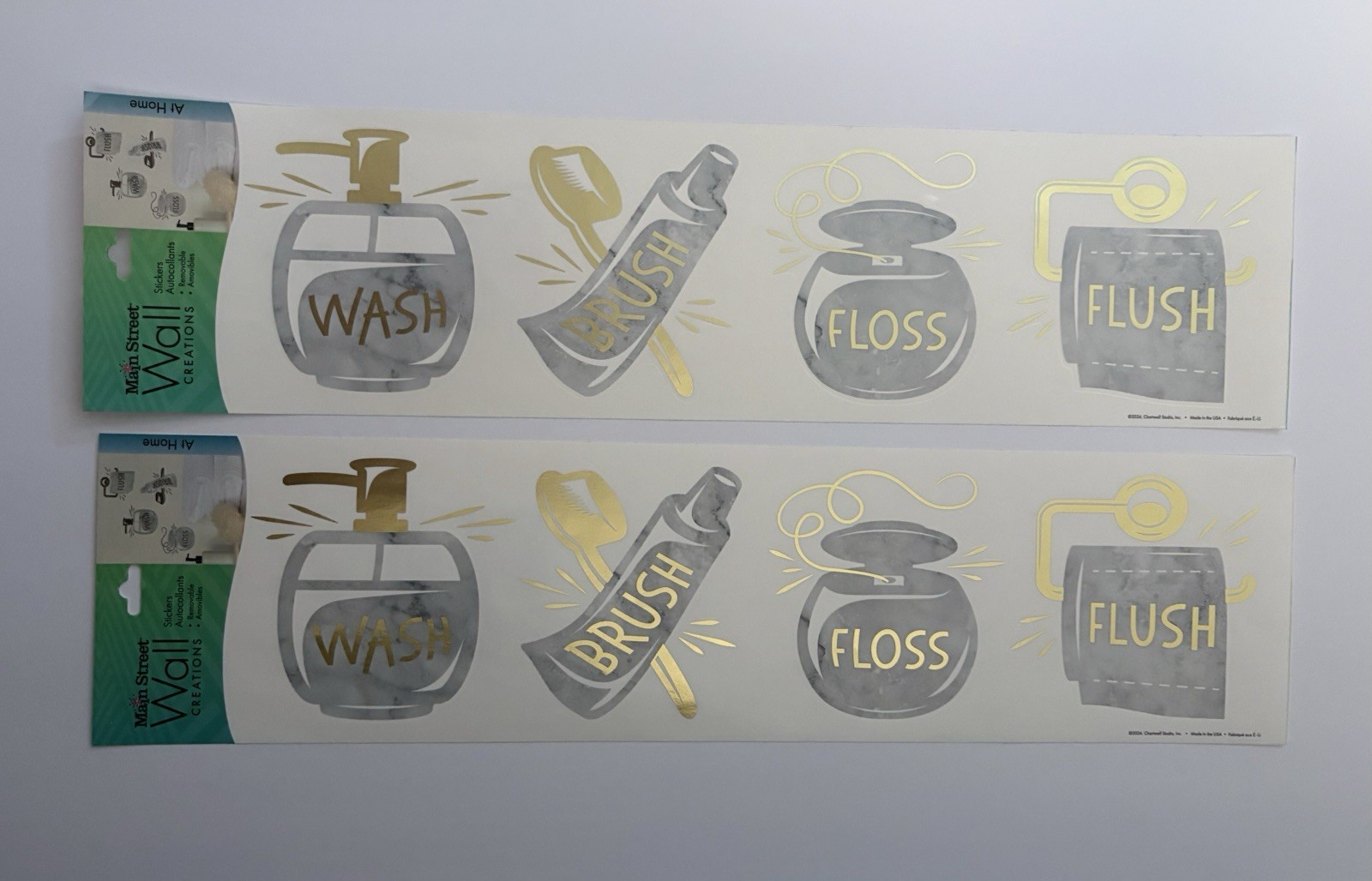 Bathroom Vinyl Stickers Gold Writing “Wash Brush Floss Flush” SET OF 2 BRAND NEW