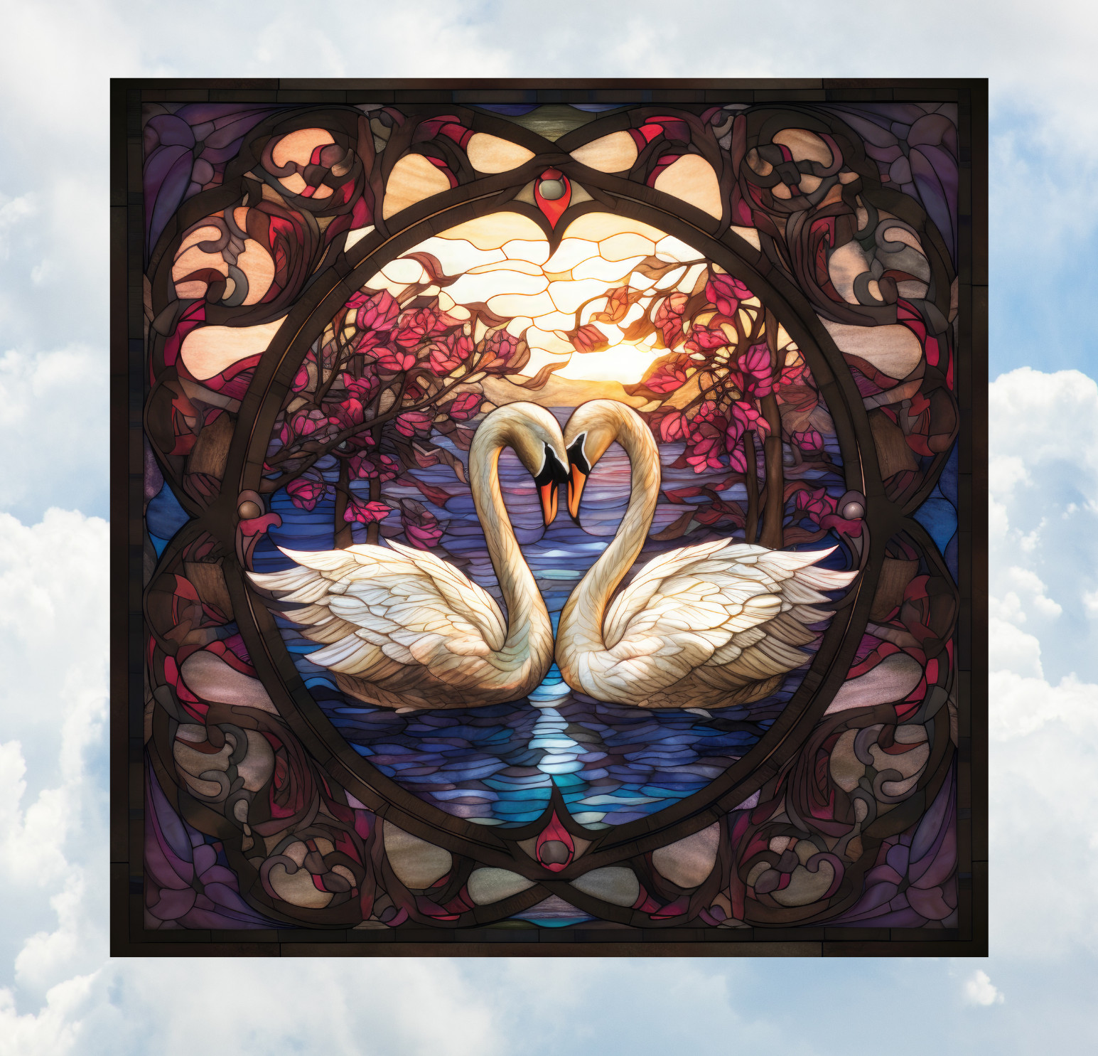 Swan Couple Faux Stained Glass WINDOW CLING Size 8" Square Vinyl