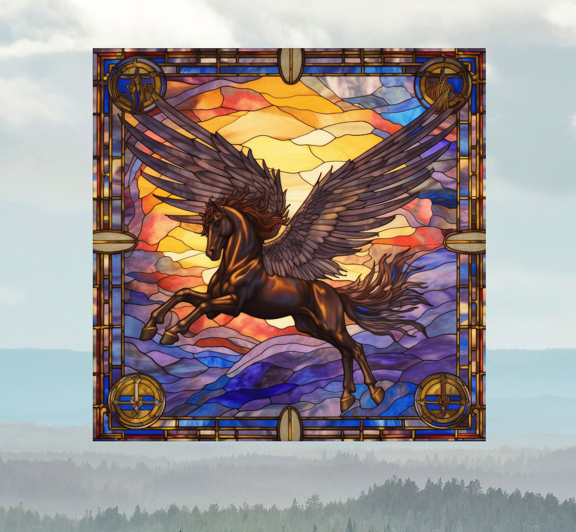 Pegasus Horse Faux Stained-Glass WINDOW CLING Size 8" Vinyl