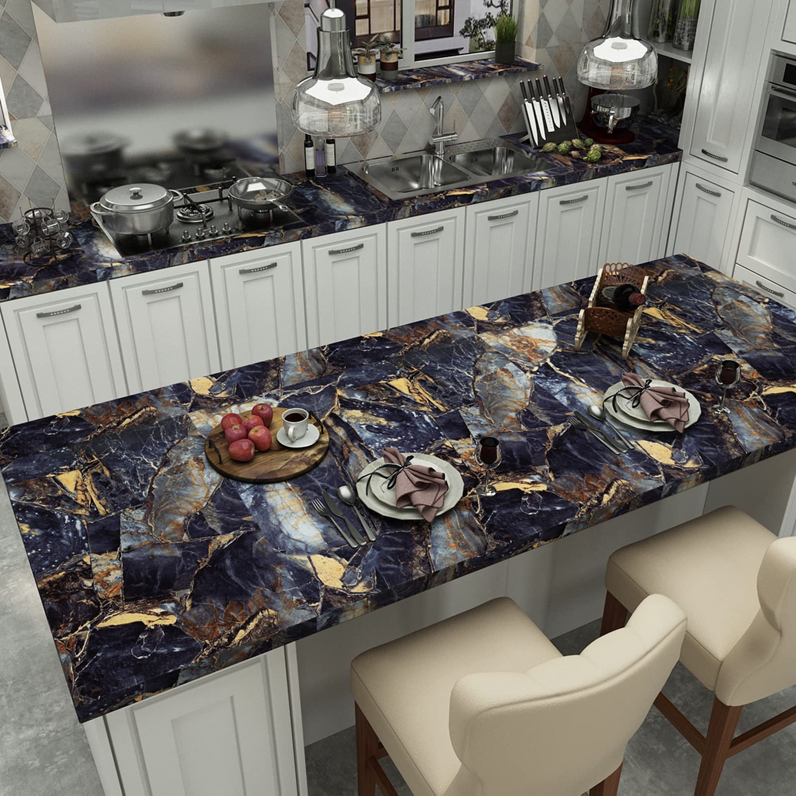 31.5"x 157" Peel and Stick Black Marble Wallpaper Dark Blue Granite Paper Sel…