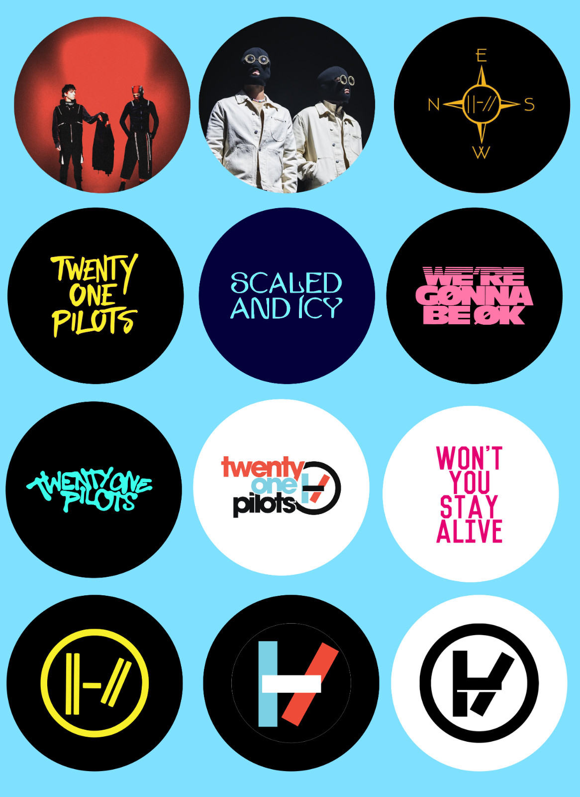 Twenty One Pilots sticker sets, Water Resistant, easy peel, 2-3", 12 Sets