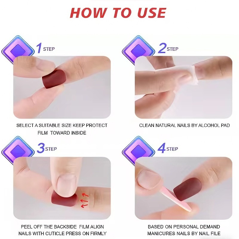 24 PCS Press On Nails Short Square Fake With Nail Glue French False Flower Desig
