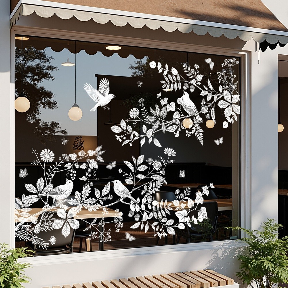White PVC Static Cling with Floral Bird Leaf Pattern Double Sided for Windows