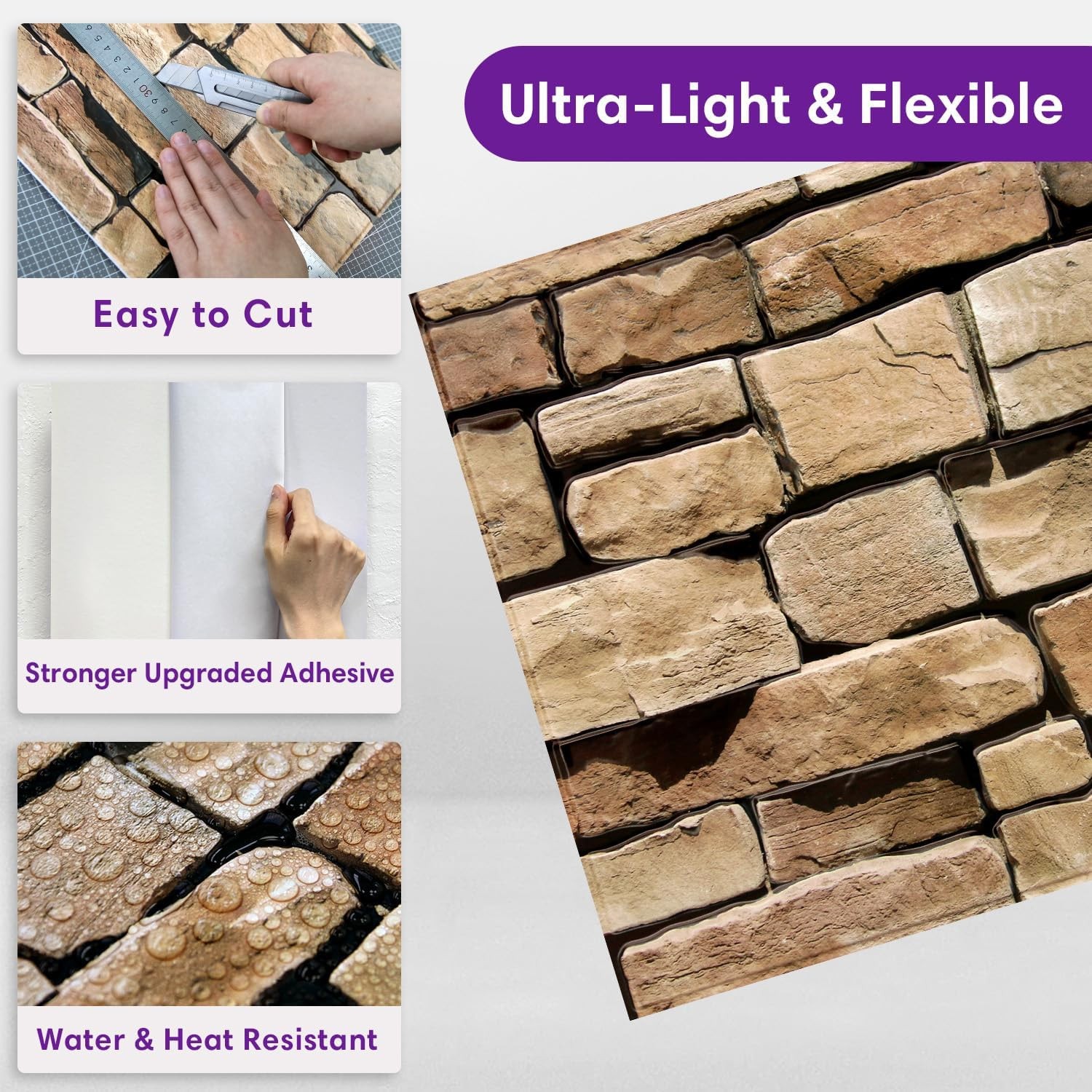 3D Peel and Stick Faux Stone Wall Panels 11.8" x 11.8" 10-Pack, Stone-Look Wa…