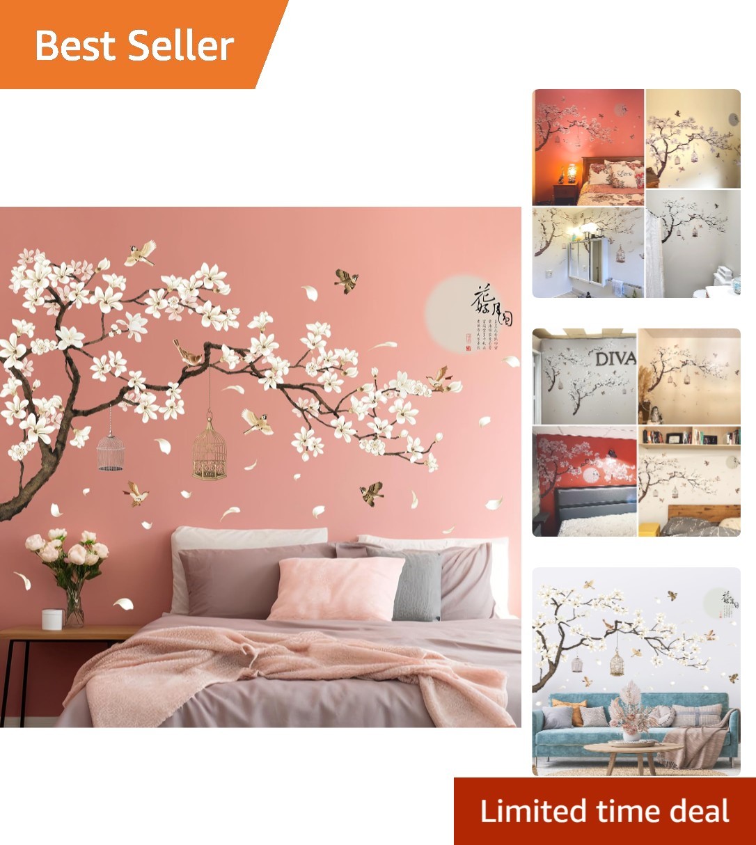 Cultural Chinese Floral Wall Art Stickers – Complete 8-Piece Set for Kids Room