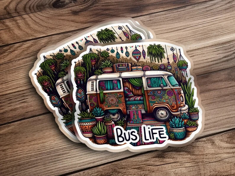 Vintage Vans Camper Stickers – Colorful Retro Bus Life Decals, Boho Travel Vibes
