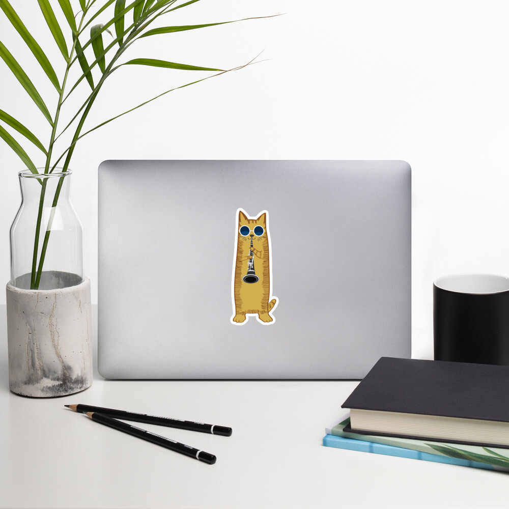 Cool Hippy Cat Playing The Clarinet Sticker Gift For Clarinet Player Kitty Lover