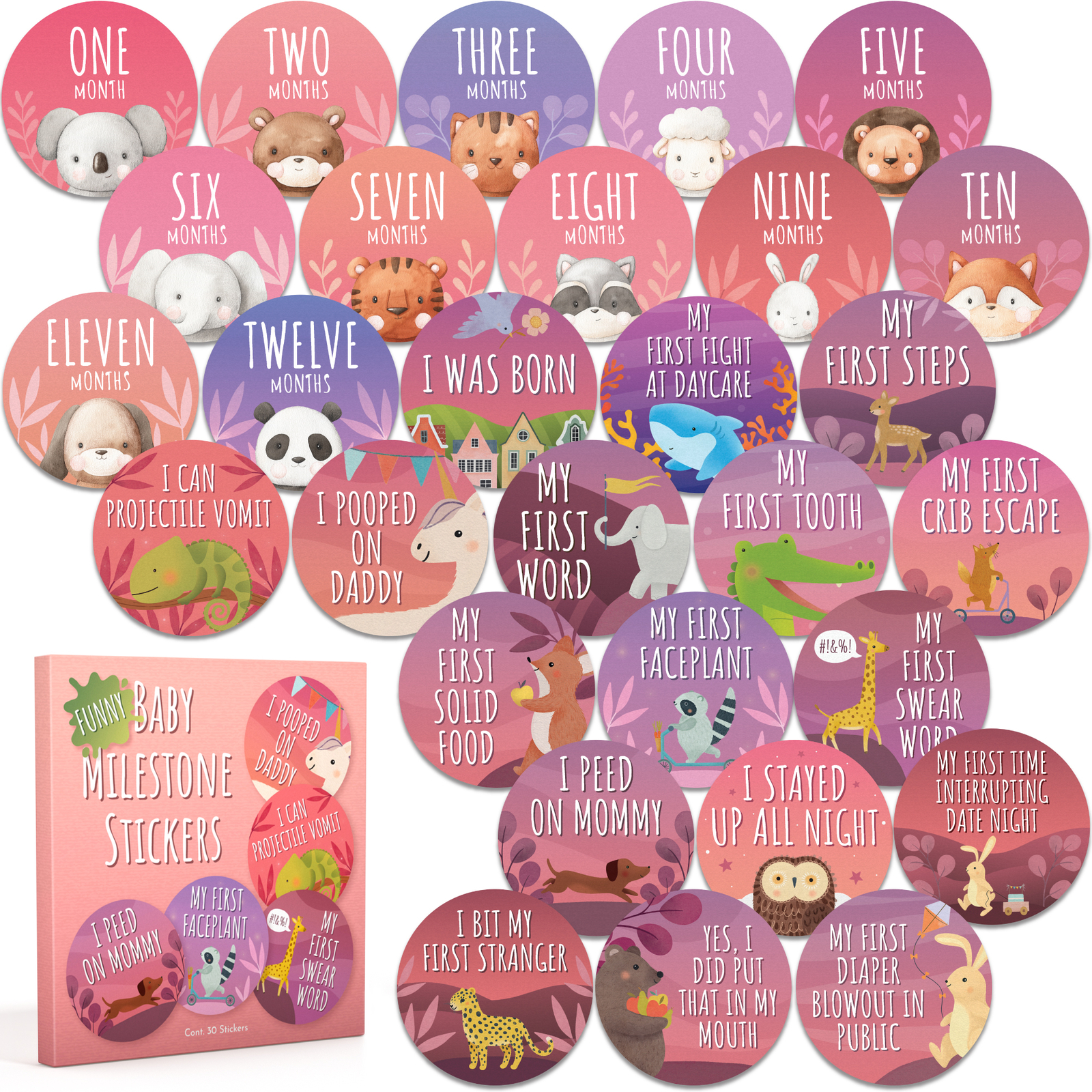 Ellopi 4" Funny Baby Girl Milestone Photo Prop Stickers, 30 Pack