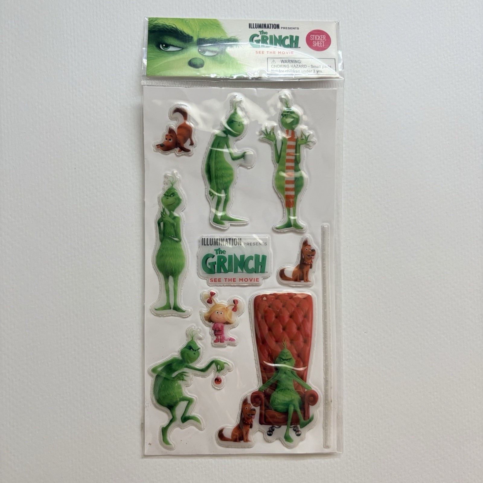 New The Grinch movie Puffy Sticker Sheet 2018 Dr Seuss Christmas New Sealed