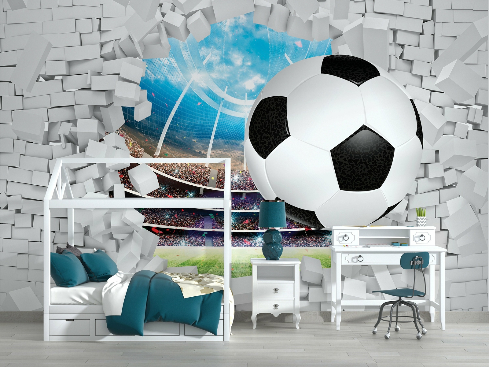 Soccer Ball Through A Brick Wall Wallpaper – Large Wall Mural – Self-adhesive