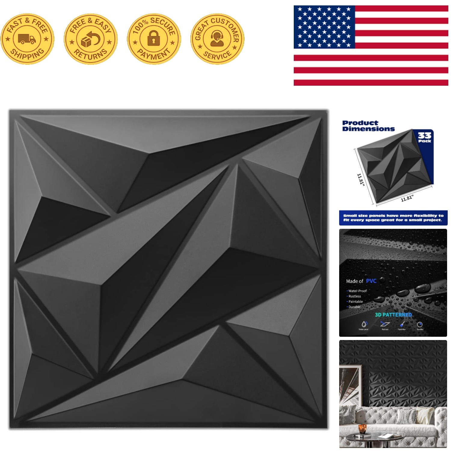 33 Pack 12"x12" 3D Diamond Wall Panels for Elegant Interior Décor – Black