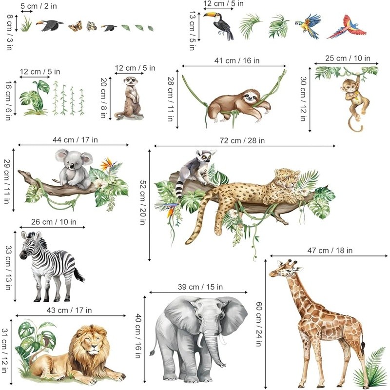 Jungle Animals Wall Decals Stickers Kids Room Nursery Decor Removable Waterproof
