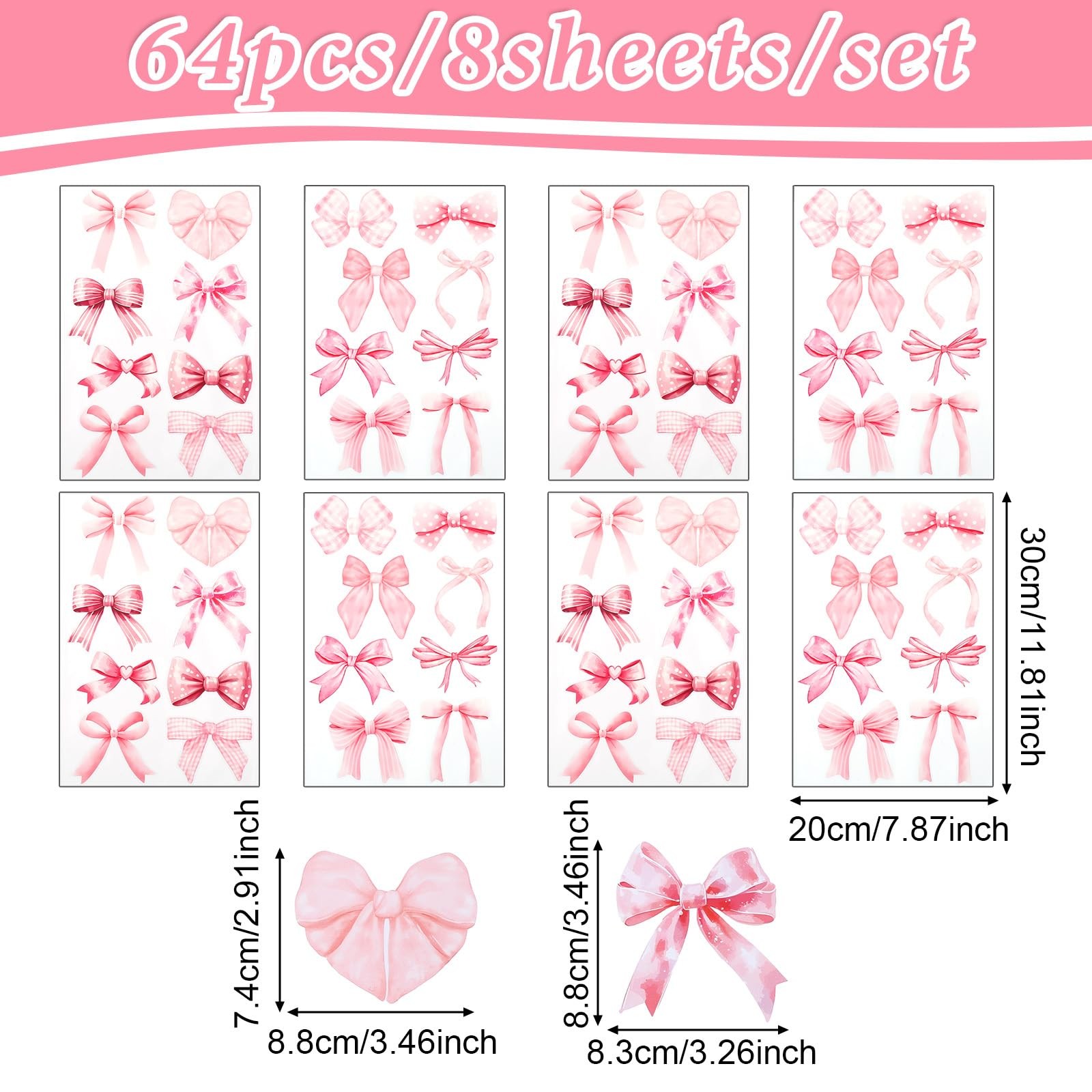 64 Pcs Bow Wall Stickers Pink Vinyl Peel Stick Bowtie Decal Watercolor Coquet…
