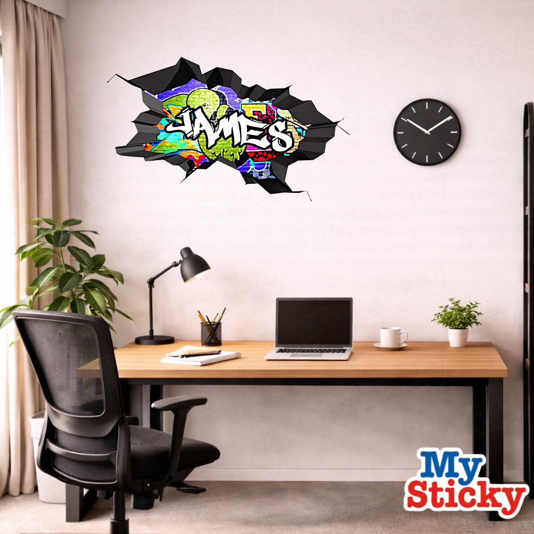 Custom Graffiti Name Wall Decal 3D Breakthrough Gamer Room Street Art Sticker