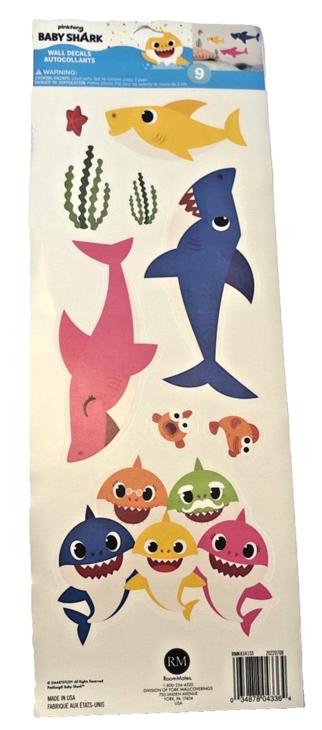 Room Mates Baby Shark Wall Stickers Removable Decals Nursery Kids Sheet of 9 New
