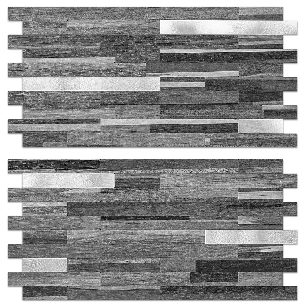 Peel & Stick Backsplash Black & Grey Wood PVC Mixed Metal Tile 20PC