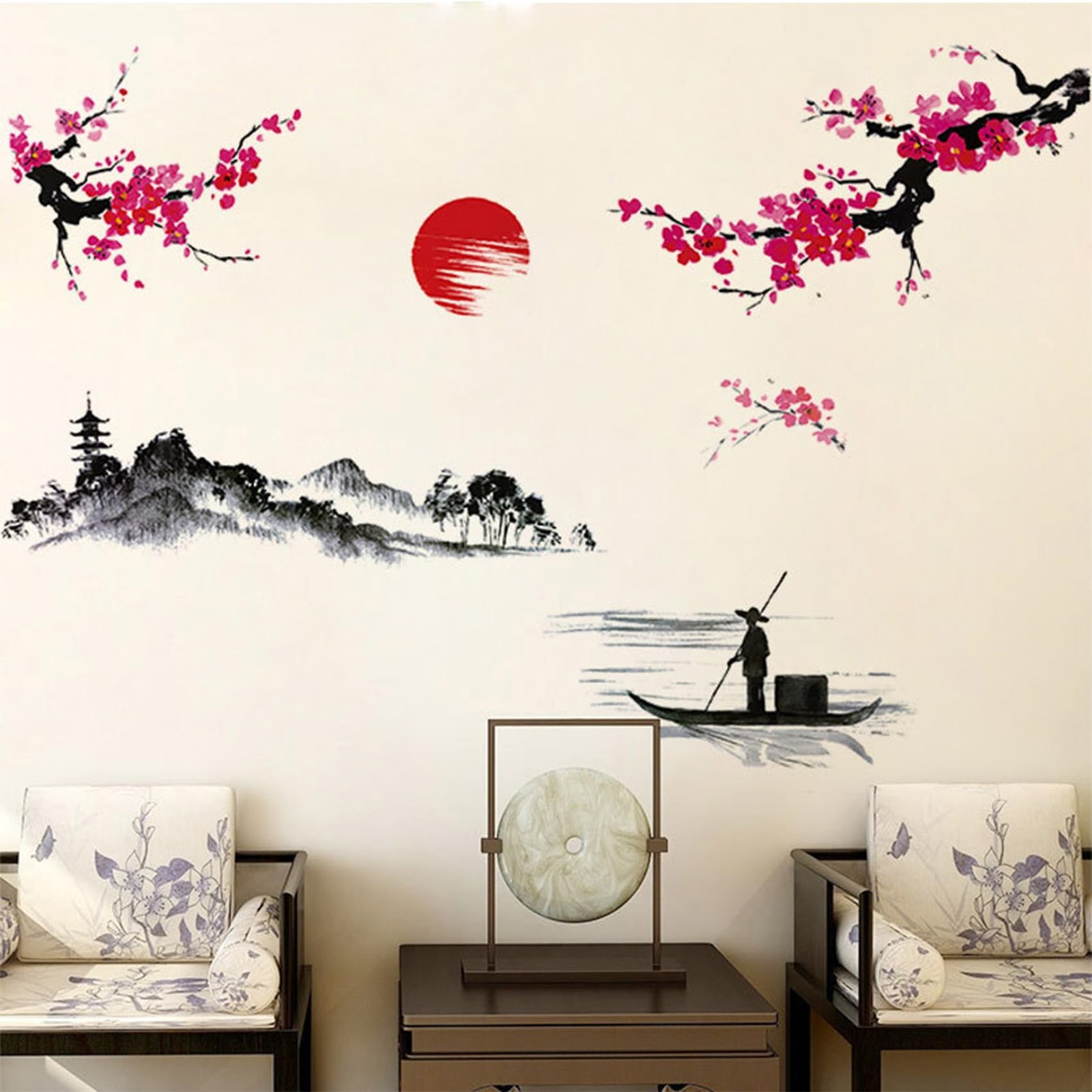 Large Japanese Wall Decor Stickers, Red Cherry Blossom Tree Wall Murals Mount…