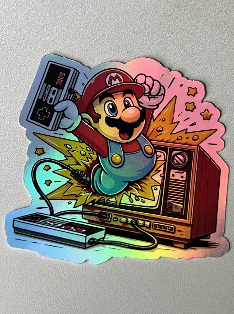 Mario Retro Tv 3 Inch Waterproof Holographic Vinyl Sticker