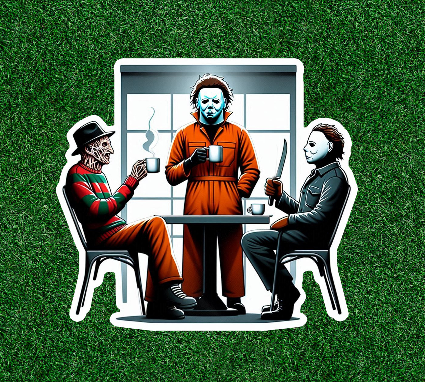 Jason, Michael Myers and Freddy having coffee waterproof sticker – several sizes