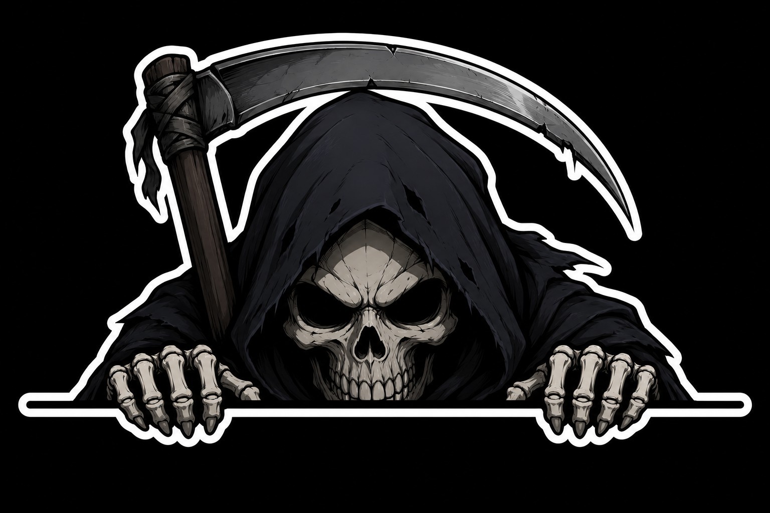 Grim Reaper Skull Scythe window Sticker Decal, Black Gray White, Gothic Graphic