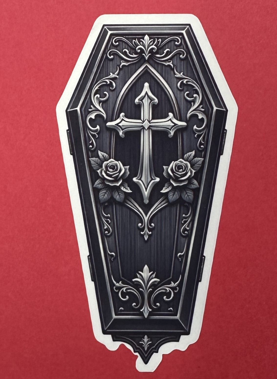 3 inch Gothic Coffin Cross Rose Vinyl Sticker Dark Gothic Coffin Decal