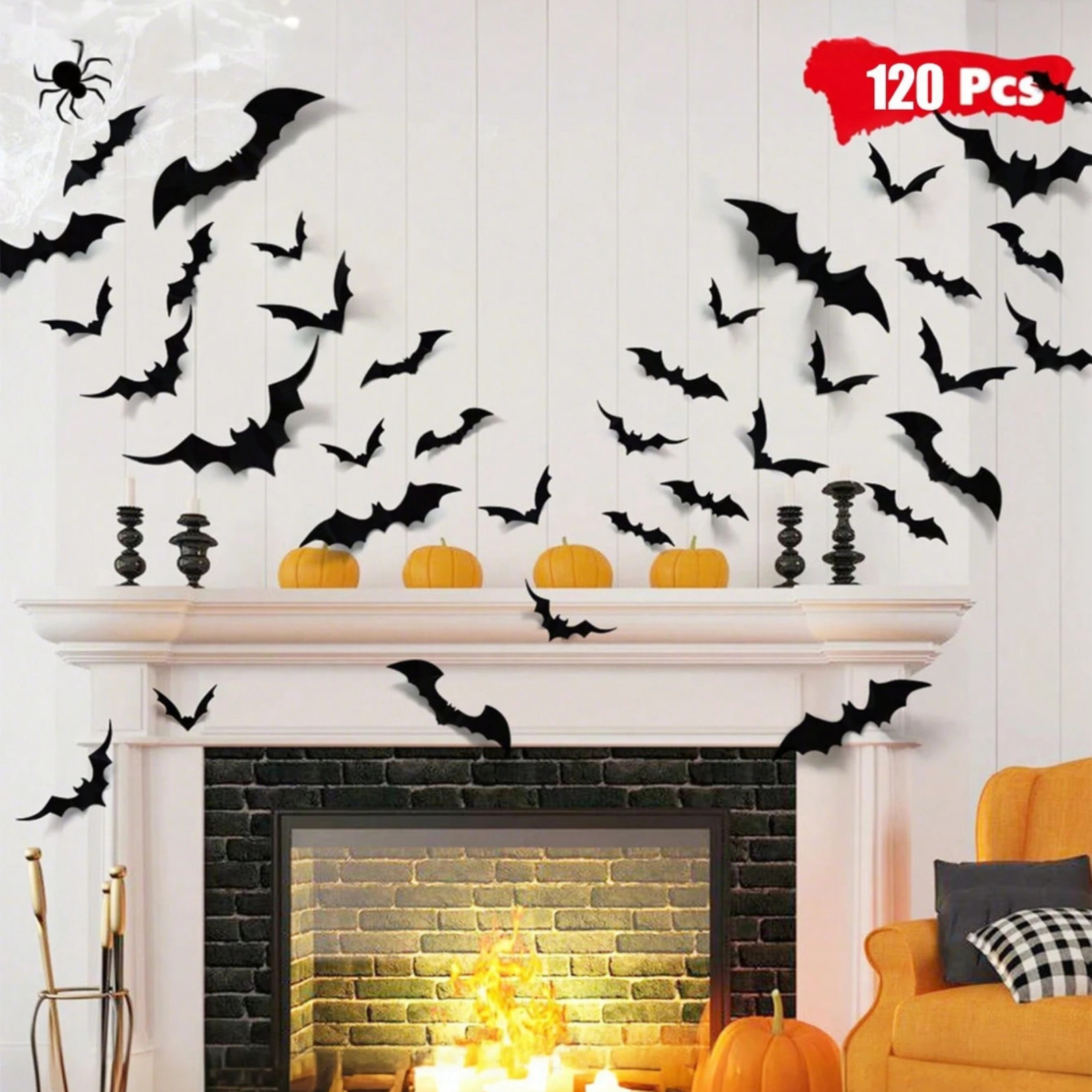 120/60pcs Halloween Bat Stickers 3D Black Stereoscopic Wall Decor Decals 4 Size