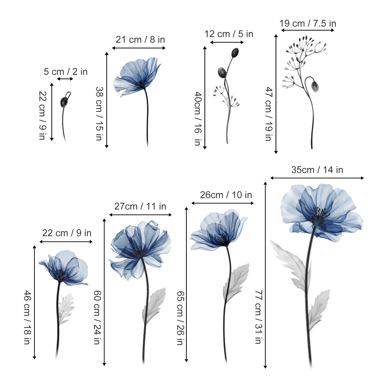 decalmile Large Blue Flower Wall Decals Floral Plants Multi Color