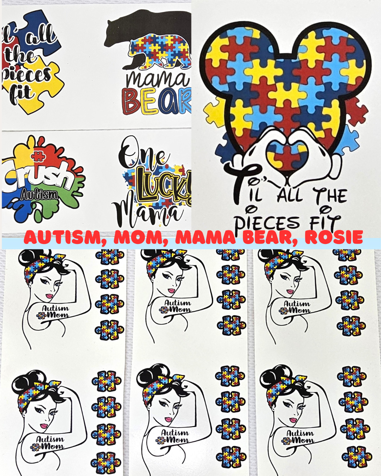 12 AUTISM THEME Mom Rosie, Mama Bear, Mickey Ears Waterslide Transfer Decals