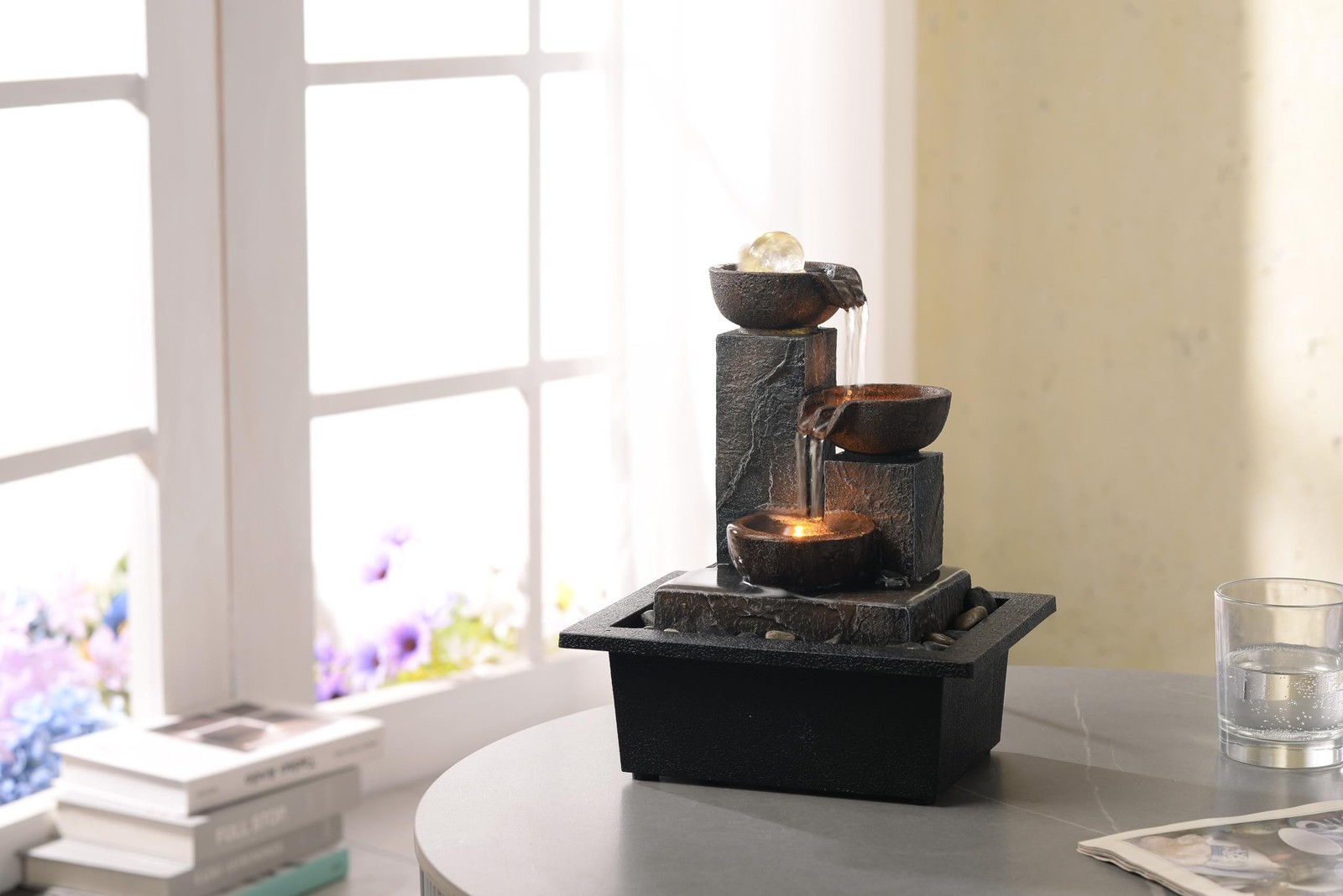 Three Bowls with Rotating Ball Flowing Tabletop Fountain Home Décor Indoor/