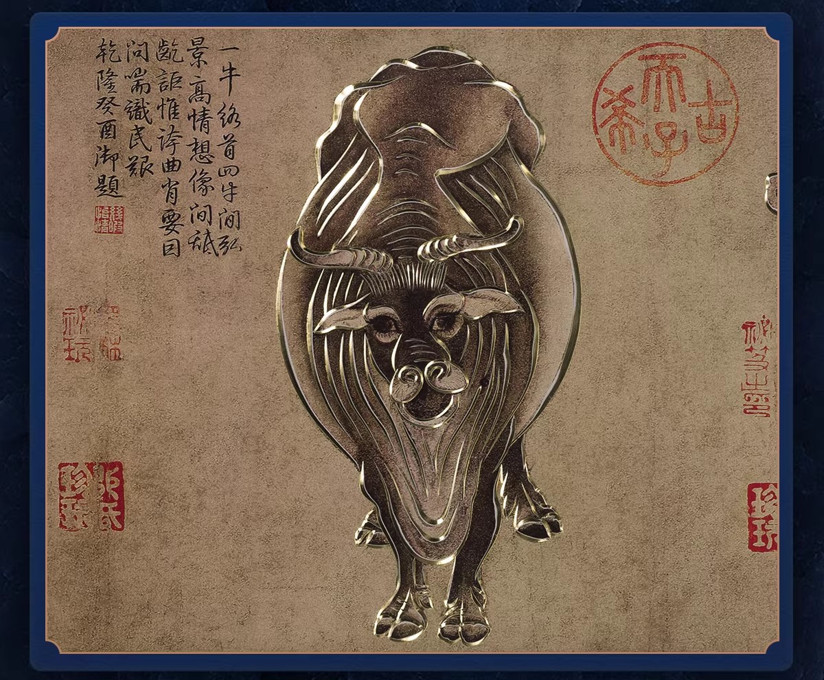 Handmade Bronze Sculpture Painting Five Oxen Chinese Style Decorative Wall Art