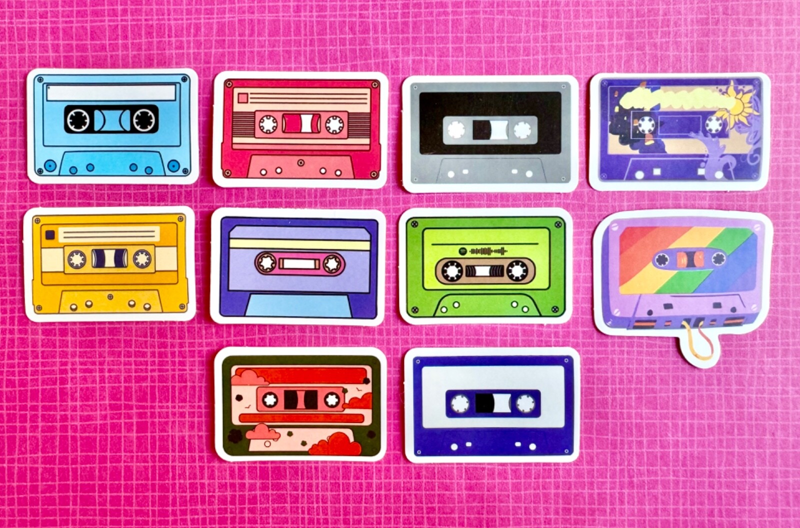 New 80s Style Mini Cassette Tape Waterproof Stickers Set of 10 – 1.75” x 1.25”